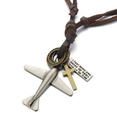 Unisex Vintage Airplane Pendant Necklace With Adjustable Leather Cord - COOLSTEELANDBEYOND Jewelry