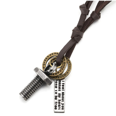 Vintage Cap Screw Circle Pendant Necklace for Men with Adjustable Brown Leather Cord - COOLSTEELANDBEYOND Jewelry