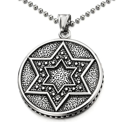 Vintage Stainless Steel Circle Star-of-David Pendant Necklace for Men Women, 30 in Steel Ball Chain - COOLSTEELANDBEYOND Jewelry