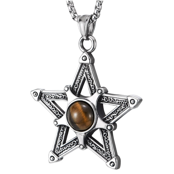 Vintage Unisex Pentagram Star Pendant Necklace Stainless Steel Tiger Eye Gem Stone 30 in Wheat Chain