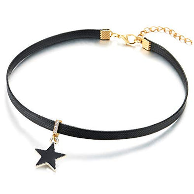 Womens Black Leather Choker Necklace with Black Enamel Pentagram Star Rhinestones Charm Pendant - coolsteelandbeyond