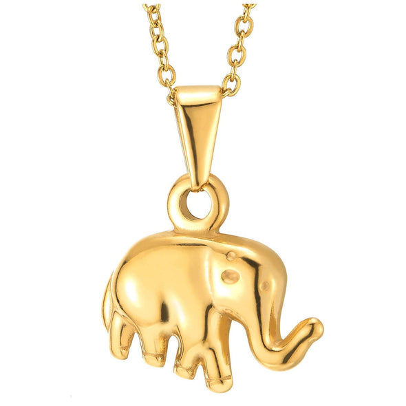 Womens Gold Color Puff Elephant Pendant Necklace Stainless Steel with 20 inches Rope Chain - coolsteelandbeyond