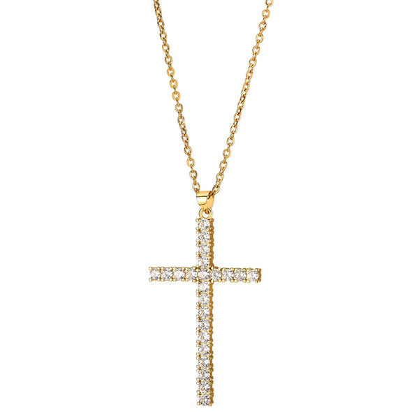 Womens Gold Steel Cubic Zirconia Cross Pendant Necklace, Adjustable Rope Chain, Unique - COOLSTEELANDBEYOND Jewelry