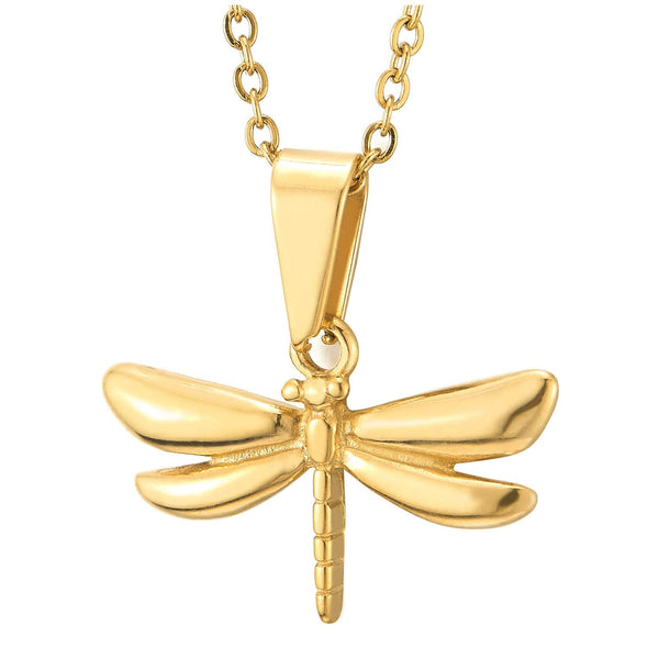 Womens Ladies Lovely Gold Color Dragonfly Pendant Necklace, Stainless Steel, 20 Inches Rope Chain - coolsteelandbeyond