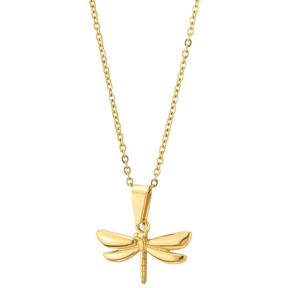 Womens Ladies Lovely Gold Color Dragonfly Pendant Necklace, Stainless Steel, 20 Inches Rope Chain - coolsteelandbeyond