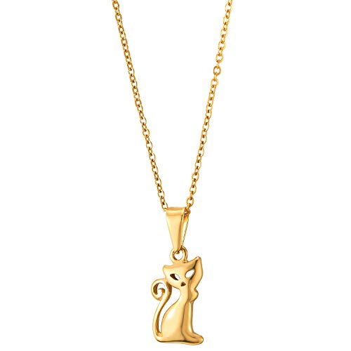 Womens Ladies Stainless Steel Gold Color Lovely Kitty Cat Pendant Necklace, 20 in Rope Chain - coolsteelandbeyond