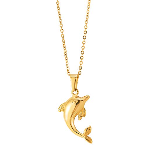 Womens Ladies Stainless Steel Lovely Gold Color Dolphin Pendant Necklace with 20 Inches Rope Chain - coolsteelandbeyond