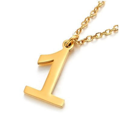 Womens Men Stainless Steel Gold Arabic Numerals Number 1 Pendant Necklace with Adjustable Rope Chain - COOLSTEELANDBEYOND Jewelry