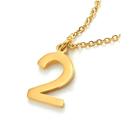 Womens Men Stainless Steel Gold Arabic Numerals Number 2 Pendant Necklace with Adjustable Rope Chain - COOLSTEELANDBEYOND Jewelry