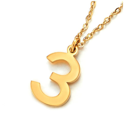 Womens Men Stainless Steel Gold Arabic Numerals Number 3 Pendant Necklace with Adjustable Rope Chain - COOLSTEELANDBEYOND Jewelry
