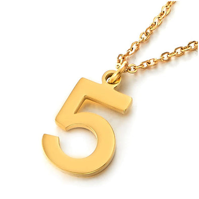 Womens Men Stainless Steel Gold Arabic Numerals Number 5 Pendant Necklace with Adjustable Rope Chain - COOLSTEELANDBEYOND Jewelry