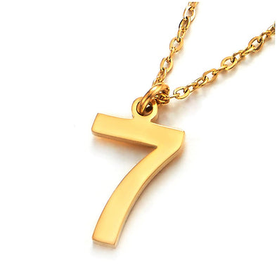 Womens Men Stainless Steel Gold Arabic Numerals Number 7 Pendant Necklace with Adjustable Rope Chain - COOLSTEELANDBEYOND Jewelry