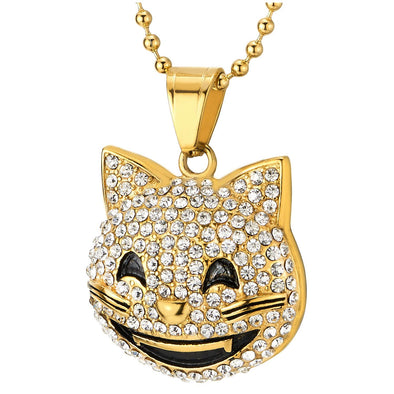 Womens Mens Stainless Steel Gold Color Smiling Grinning Kitty Cat Pendant Necklace with Rhinestones - COOLSTEELANDBEYOND Jewelry
