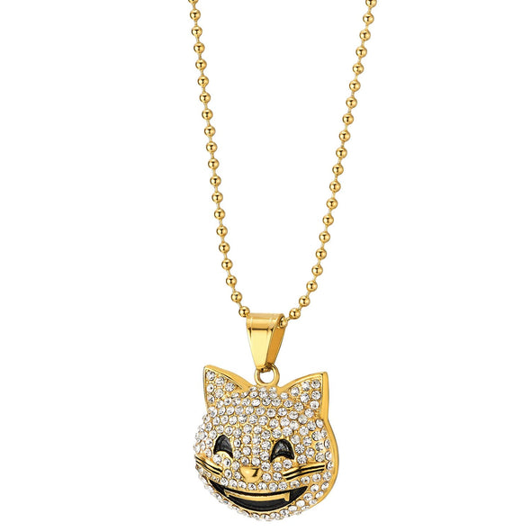 Womens Mens Stainless Steel Gold Color Smiling Grinning Kitty Cat Pendant Necklace with Rhinestones - COOLSTEELANDBEYOND Jewelry
