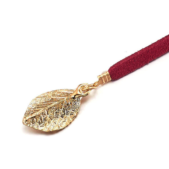 Womens Red Wrap Choker Necklace with Gold Leaf, Bolo Tie Necktie, Lariat Necklace, Long Necklace - COOLSTEELANDBEYOND Jewelry