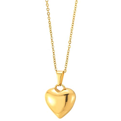 Womens Stainless Steel Gold Color Polished Puff Love Heart Pendant Necklace, 20 Inch Rope Chain - coolsteelandbeyond