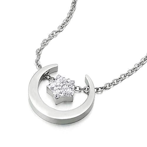 Womens Steel Crescent Moon Pave Cubic Zirconia Star Pendant Necklace, Earrings Set, Clavicle Chain - coolsteelandbeyond