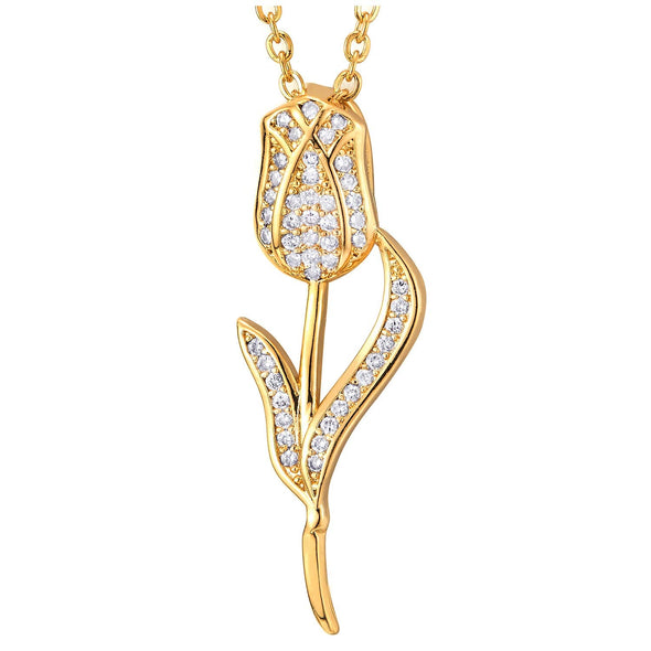 Womens Steel Gold Color Tulip Flower Pendant Necklace with Cubic Zirconia, Adjustable Rope Chain