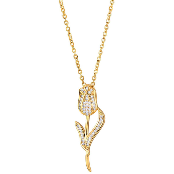 Womens Steel Gold Color Tulip Flower Pendant Necklace with Cubic Zirconia, Adjustable Rope Chain