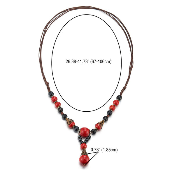 Y-Shape Statement Necklace Black Red Gem Stone Bead Charms Drop Dangle Pendant, Tribal Ethnic Folk - COOLSTEELANDBEYOND Jewelry