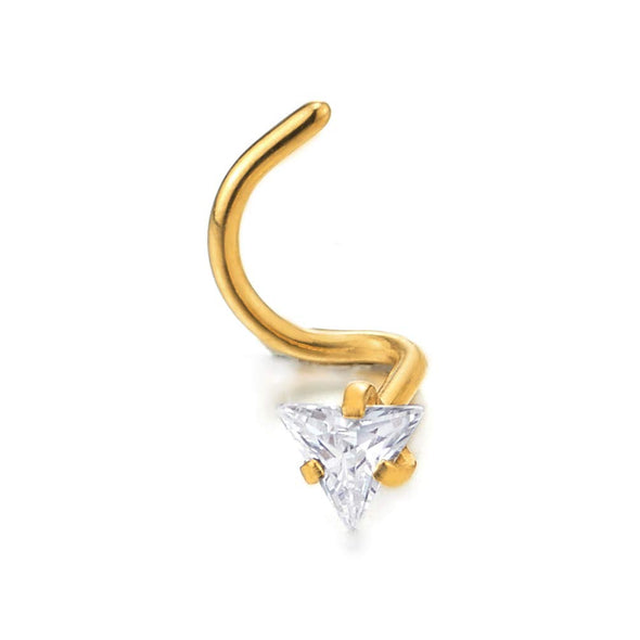 Gold Stainless Steel Screw Nose Rings Studs with Triangle Cubic Zirconia Body Jewelry Piercing - COOLSTEELANDBEYOND Jewelry