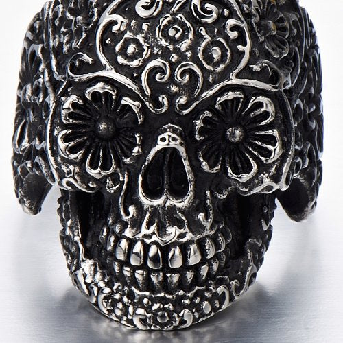 Stainless Steel Mens Gothic Biker Jewelry Sugar Skull Ring Oxidized Black 29mm - COOLSTEELANDBEYOND Jewelry
