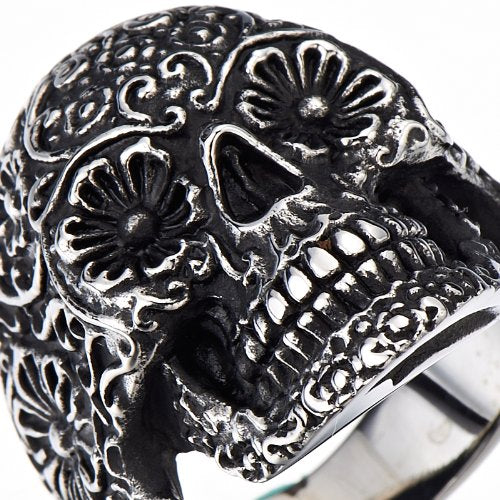 Stainless Steel Mens Gothic Biker Jewelry Sugar Skull Ring Oxidized Black 29mm - COOLSTEELANDBEYOND Jewelry
