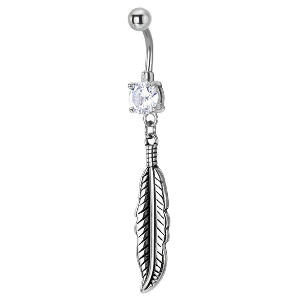 Steel Belly Button Ring Body Jewelry Piercing Navel Ring with Cubic Zirconia and Dangling Feather