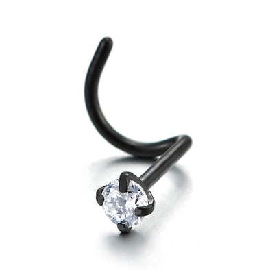 Stainless Steel Black Screw Nose Rings Studs with Cubic Zirconia Body Jewelry Piercing - COOLSTEELANDBEYOND Jewelry
