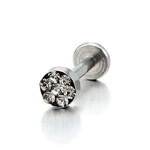 Womens Mens Steel Disc Lip Stud Ring with Cubic Zirconia Piercing Labret Monroe Bar Chin Tragus Body - COOLSTEELANDBEYOND Jewelry